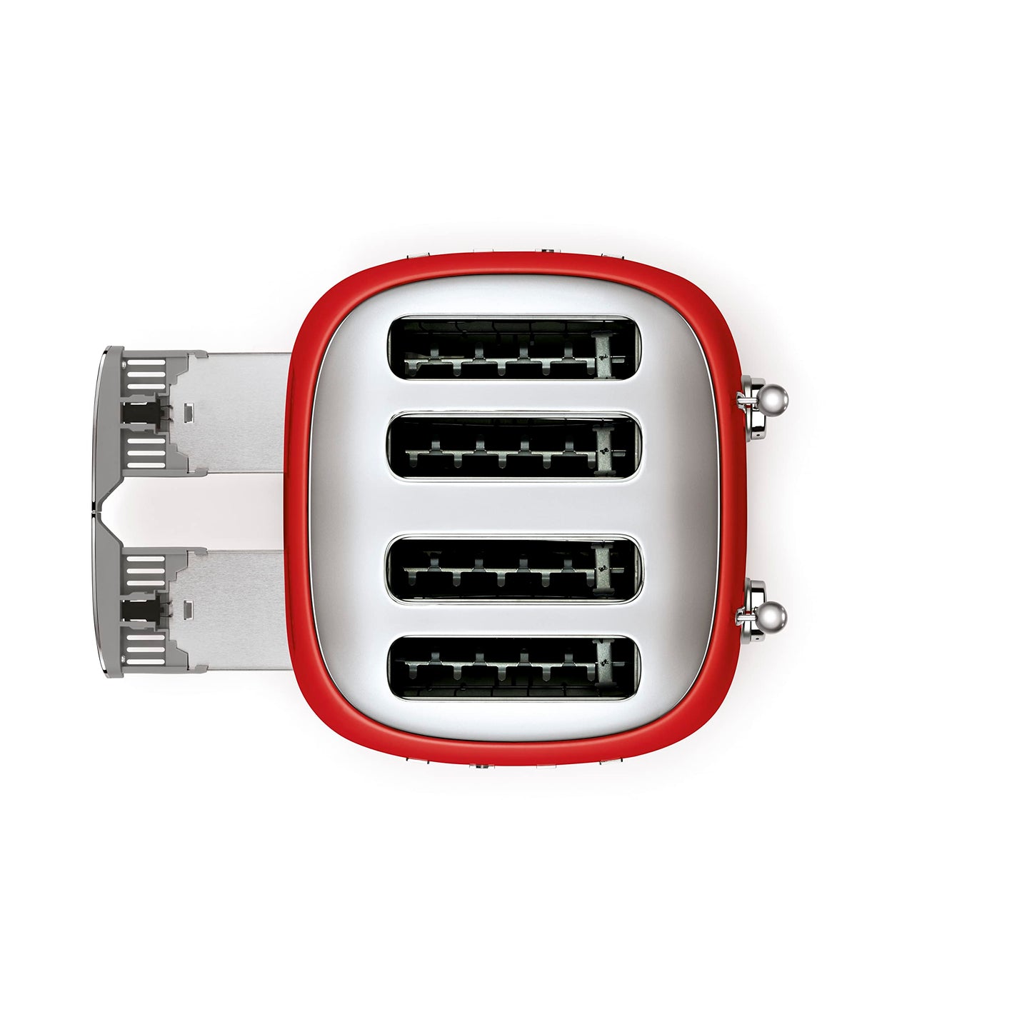 SMEG TSF03 Toaster: 4-slice retro toaster, 6 browning levels, wide slots, dual controls, stylish red design.