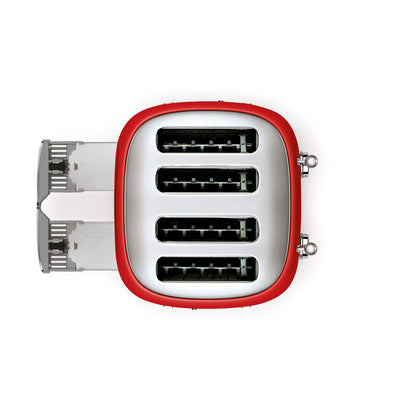 SMEG TSF03 Toaster: 4-slice retro toaster, 6 browning levels, wide slots, dual controls, stylish red design.