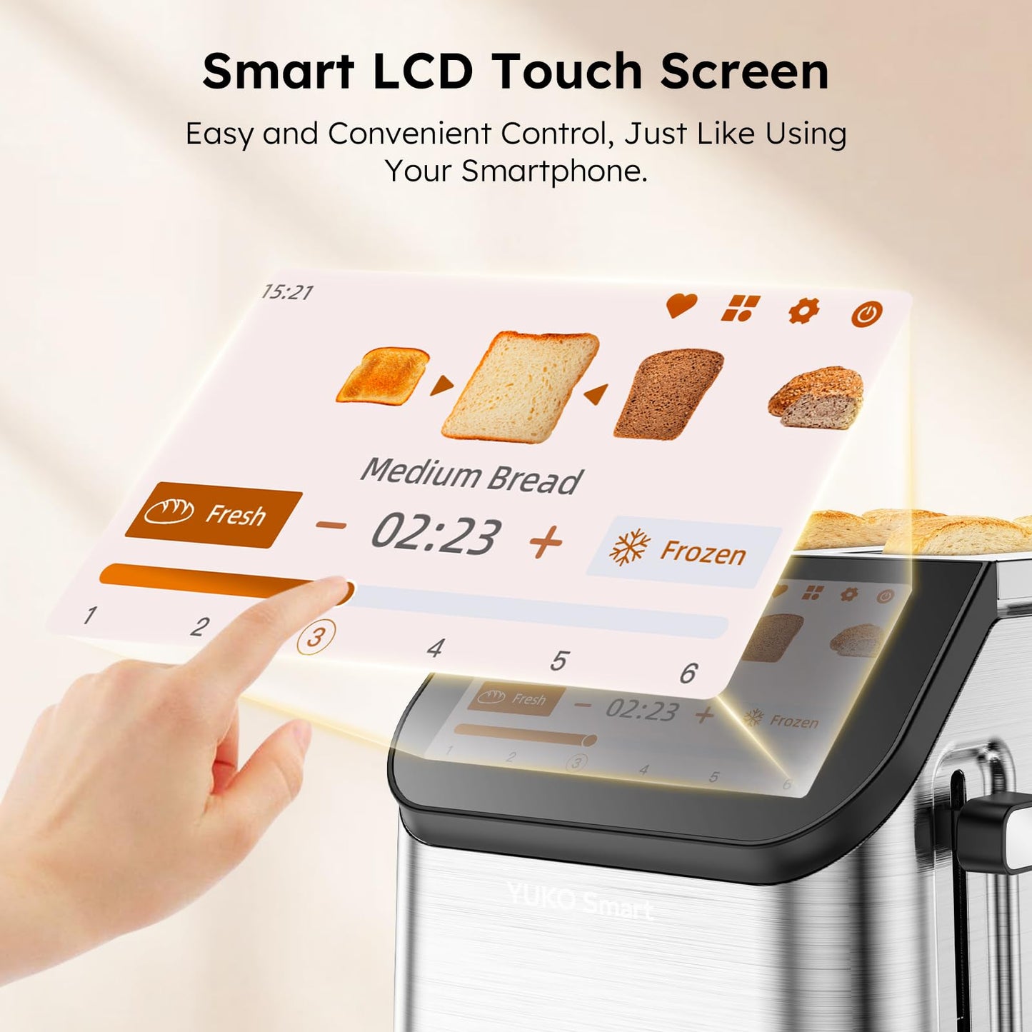 Smart LCD Toaster: 2-slice toaster with touchscreen, memory function, 10 bread types, 6 shade settings, fast even toasting.
