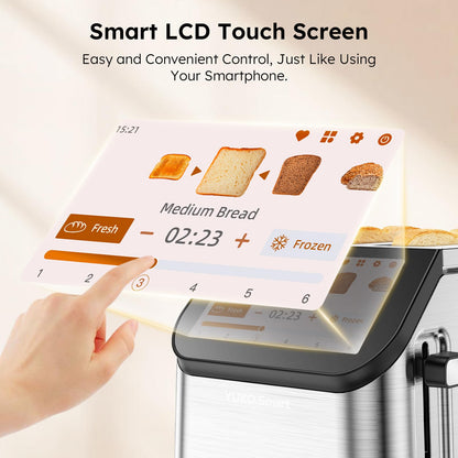 Smart LCD Toaster: 2-slice toaster with touchscreen, memory function, 10 bread types, 6 shade settings, fast even toasting.