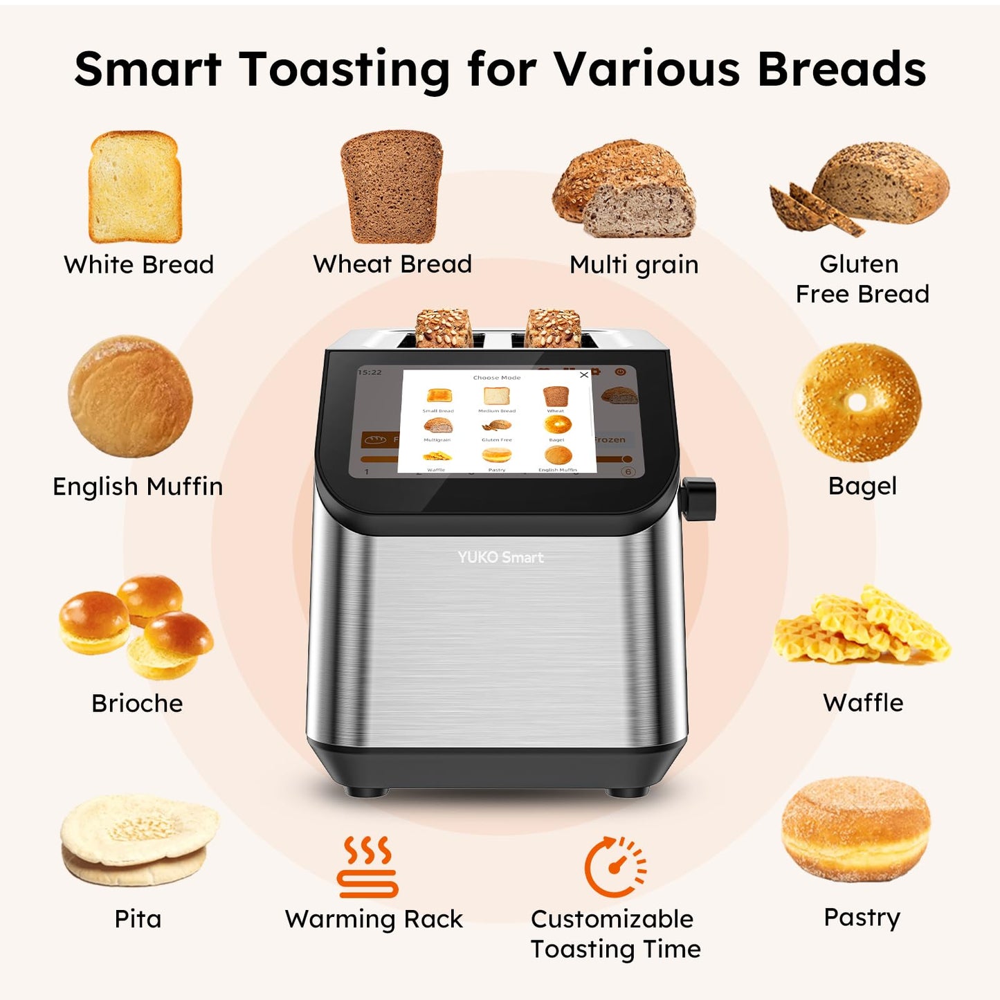 Smart LCD Toaster: 2-slice toaster with touchscreen, memory function, 10 bread types, 6 shade settings, fast even toasting.