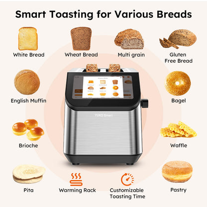 Smart LCD Toaster: 2-slice toaster with touchscreen, memory function, 10 bread types, 6 shade settings, fast even toasting.