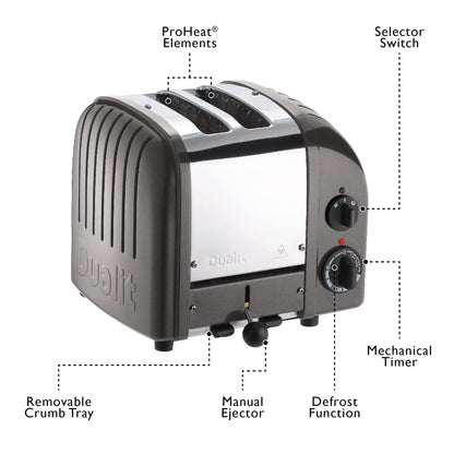 Dualit Classic Charcoal Toaster: 2-slice stainless steel toaster, handcrafted, replaceable elements, defrost, reliable performance.