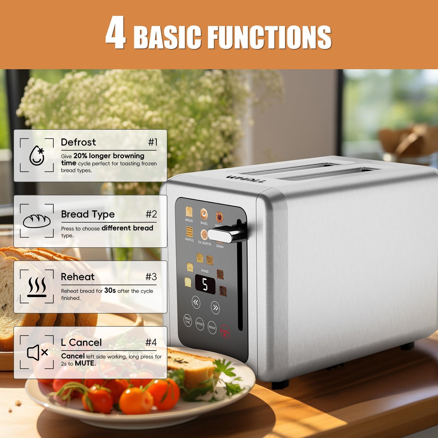 WUNLY Smart Toaster: 2-slice digital toaster, touchscreen, dual control panels, 6 settings, modern design.