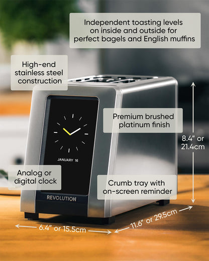 Revolution R270 Toaster: smart 2-slice toaster, touchscreen, InstaGLO tech, 16 bread modes, fast high-end performance.