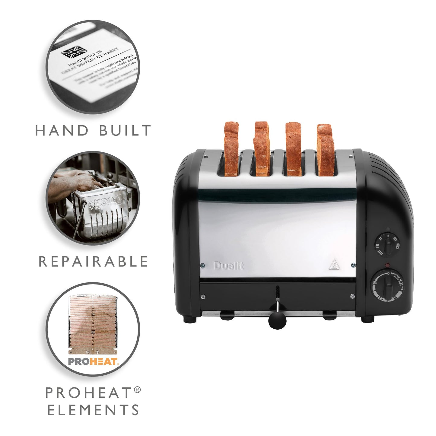 Dualit Classic 4 Slice Toaster: stainless steel build, handcrafted, 4-slice capacity, replaceable elements, ideal for families.