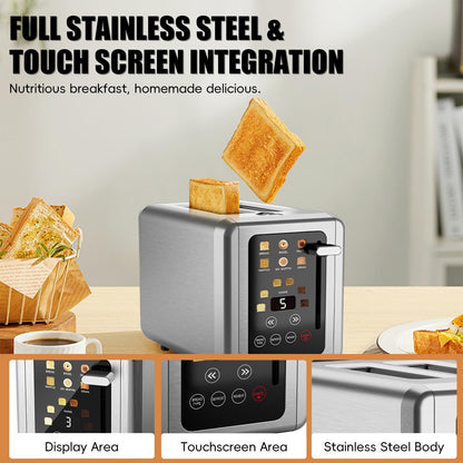 WUNLY Smart Toaster: 2-slice digital toaster, touchscreen, dual control panels, 6 settings, modern design.