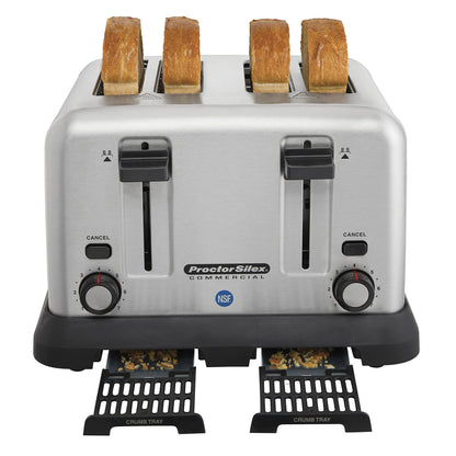 Proctor Silex Commercial Toaster: 4-slot heavy-duty toaster, stainless steel, long-life elements, ideal for commercial use.
