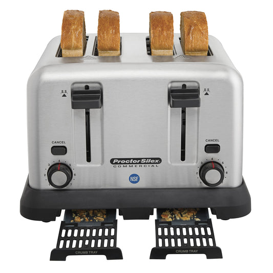 Proctor Silex Commercial Toaster: 4-slot heavy-duty toaster, stainless steel, long-life elements, ideal for commercial use.