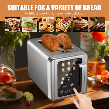 WUNLY Smart Toaster: 2-slice digital toaster, touchscreen, dual control panels, 6 settings, modern design.