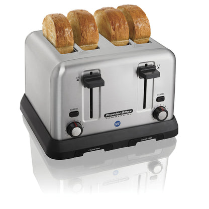 Proctor Silex Commercial Toaster: 4-slot heavy-duty toaster, stainless steel, long-life elements, ideal for commercial use.