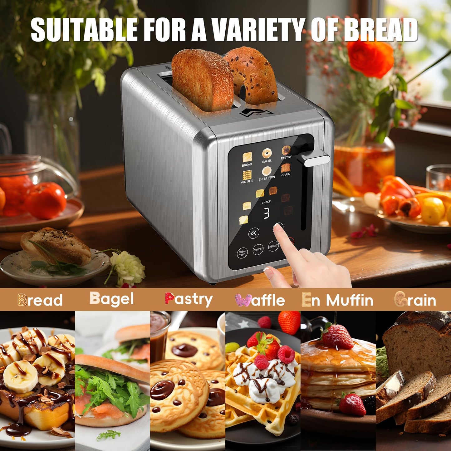 WUNLY Smart Toaster: 2-slice digital toaster, touchscreen, dual control panels, 6 settings, modern design.